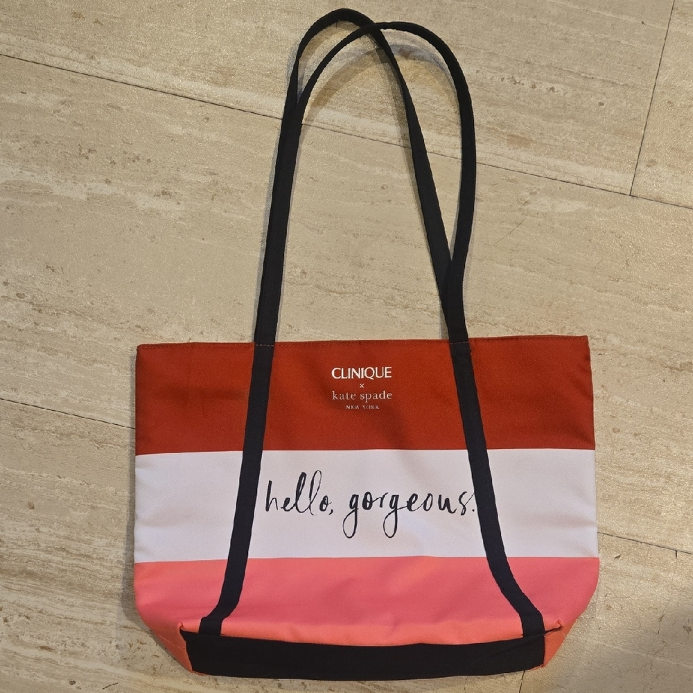 Clinique X Kate Spade New York Pink/White/Red Striped "Hello Gorgeous" Tote Bag